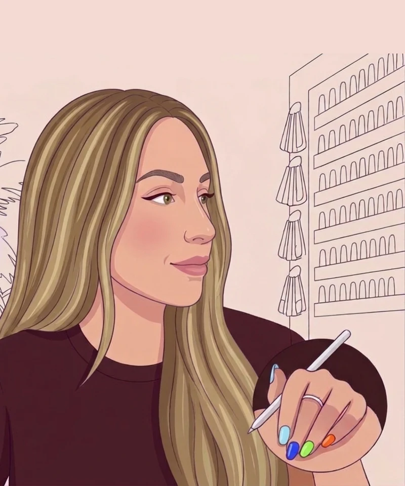 Illustration of Louise in profile with long blonde hair, holding a pen, with her nail colour wall behind her