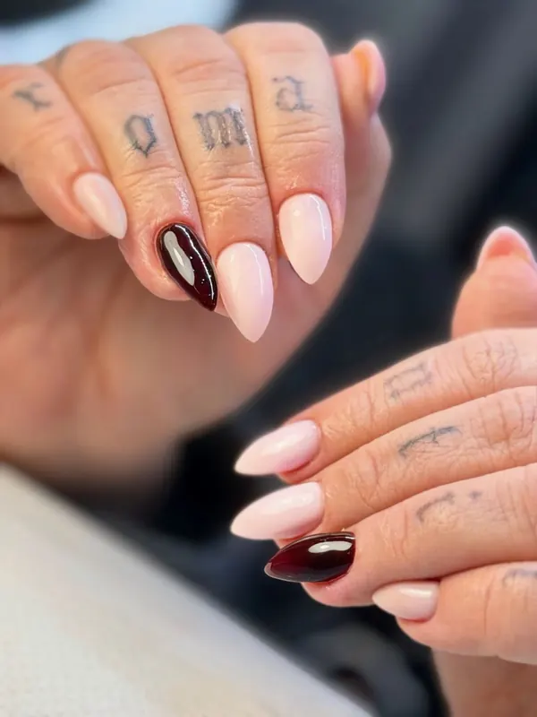 Soft nude and deep oxblood almond gel