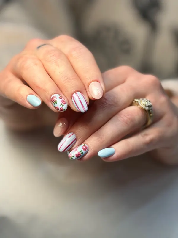 Pale blue gel with hand-painted stripes and florals