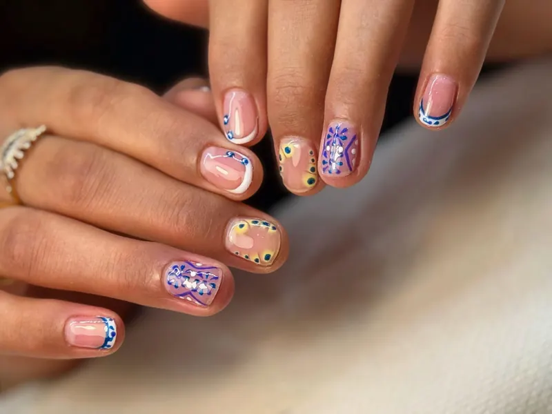Nude French tips with hand-painted purple and floral detail