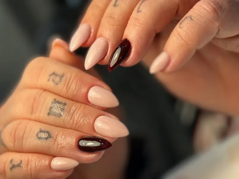 Soft nude and oxblood almond gel from another angle